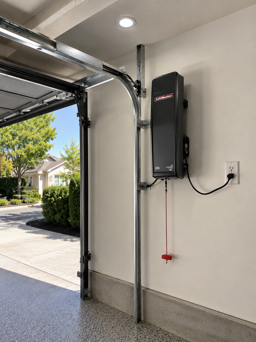 Wall mount garage door opener in a Windsor garage with overhead storage